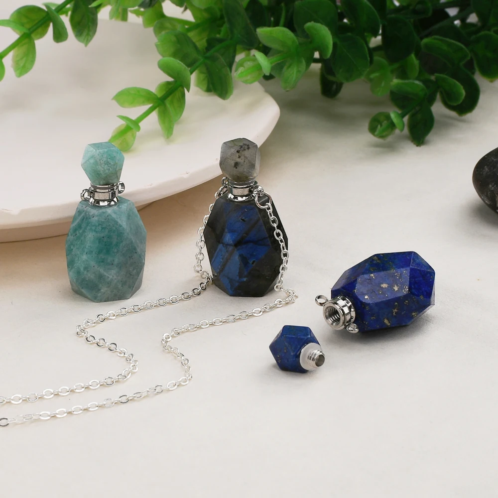 

Silver Color Multi-kind Natural Stones Perfume Bottle Diffuser Necklace Healing Essential Oil Bottle Diffuser Pendant Neacklace