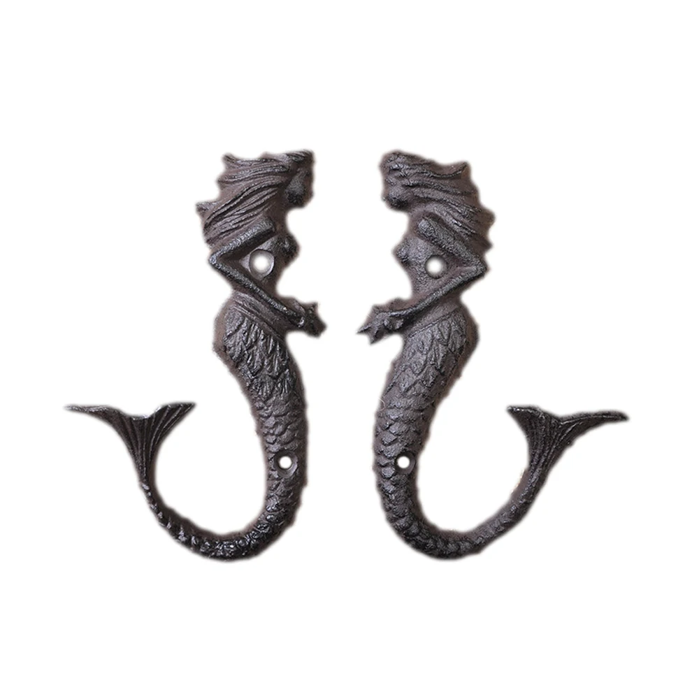 2pcs Mermaid Iron Wall Hooks Hanger Antique Heavy Metal Hanging Coats/Keys/Hats/Bags Home Rack Decor Elegant Mysterious Unique