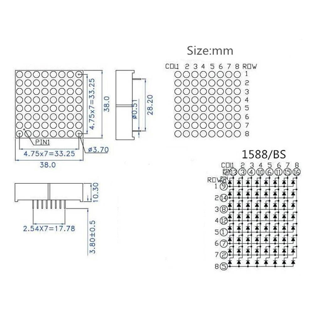 3mm Rot Gemeinsame Kathode LED Digit Display 8x8 Led Gitter Helle Red Dot Matrix