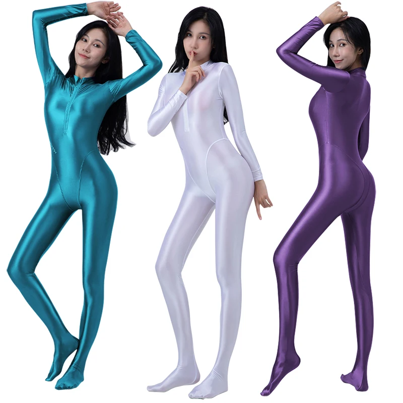 Sexy Front Zipper Oil Tights Shiny Smooth one-piece swimsuit Women Yoga Playsuit Suits Catsuits Bodysuit Wetsuit Plus Size men