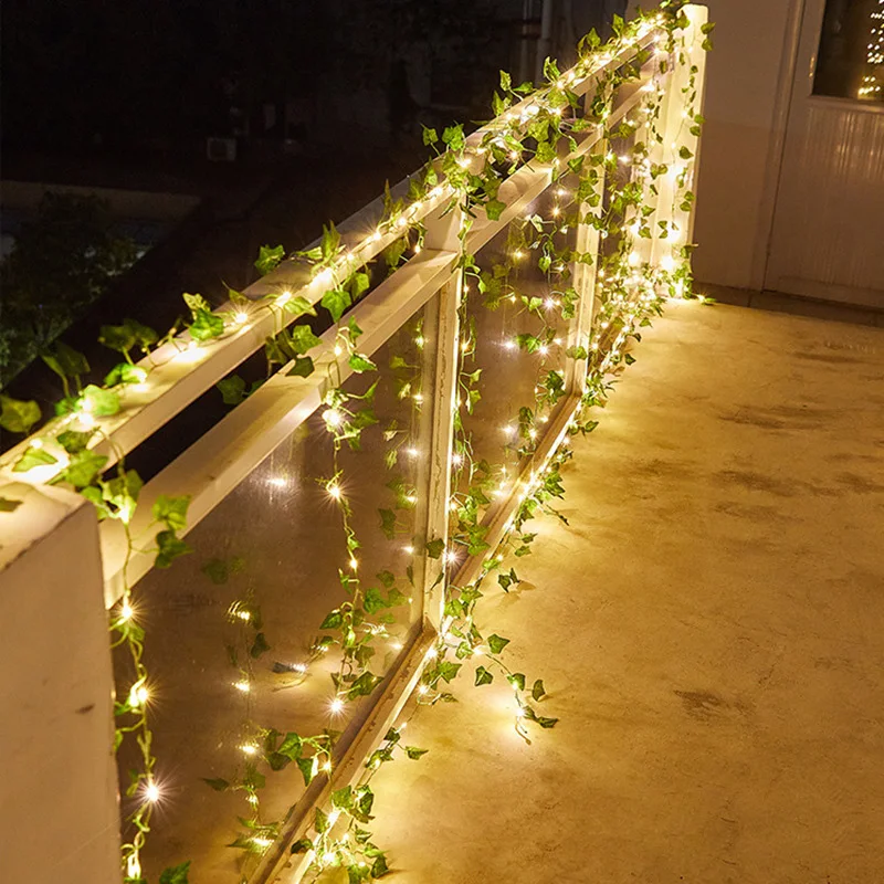 2M 20LED Leaf Garland Lamp for New Year Battery Ivy Vine LED Fairy String Lights For Bedroom Christmas Wedding Party Green Decor