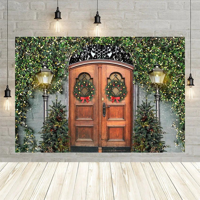 

Christmas Backdrop Winter Pine Street Light Door Wreath Decor Kids Holiday Backgrounds For Photography Photo Studio Photozone