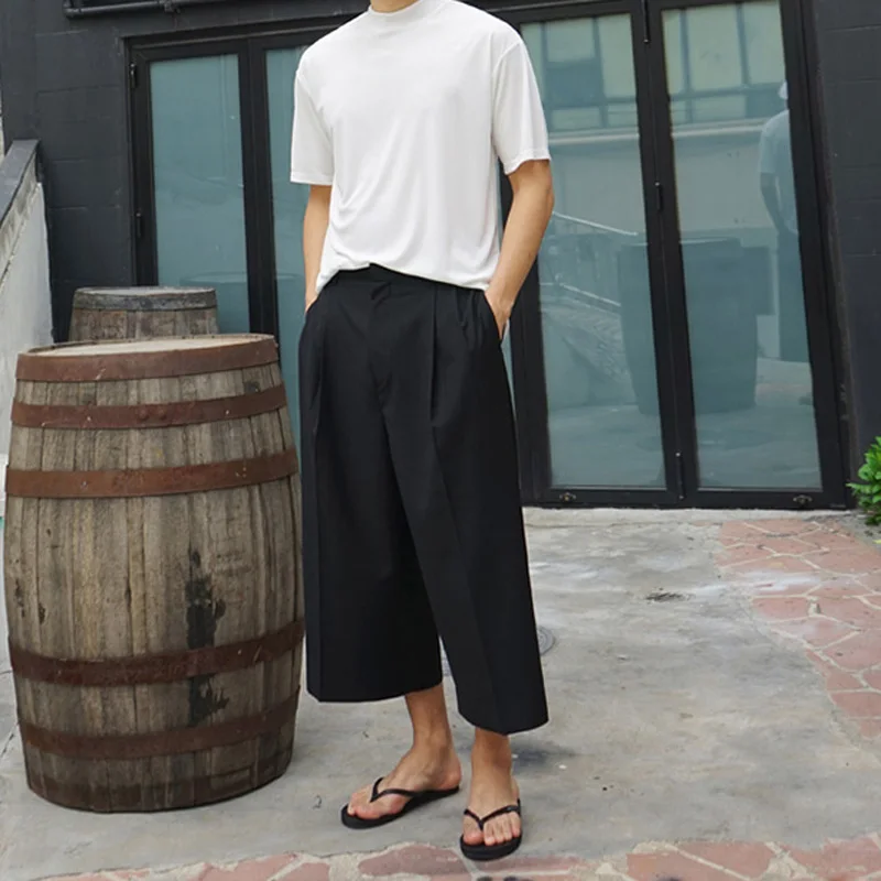 M-4XL trendy men's spring and summer new casual pants wide leg pants skirt fashion pleated solid color loose nine-point pants