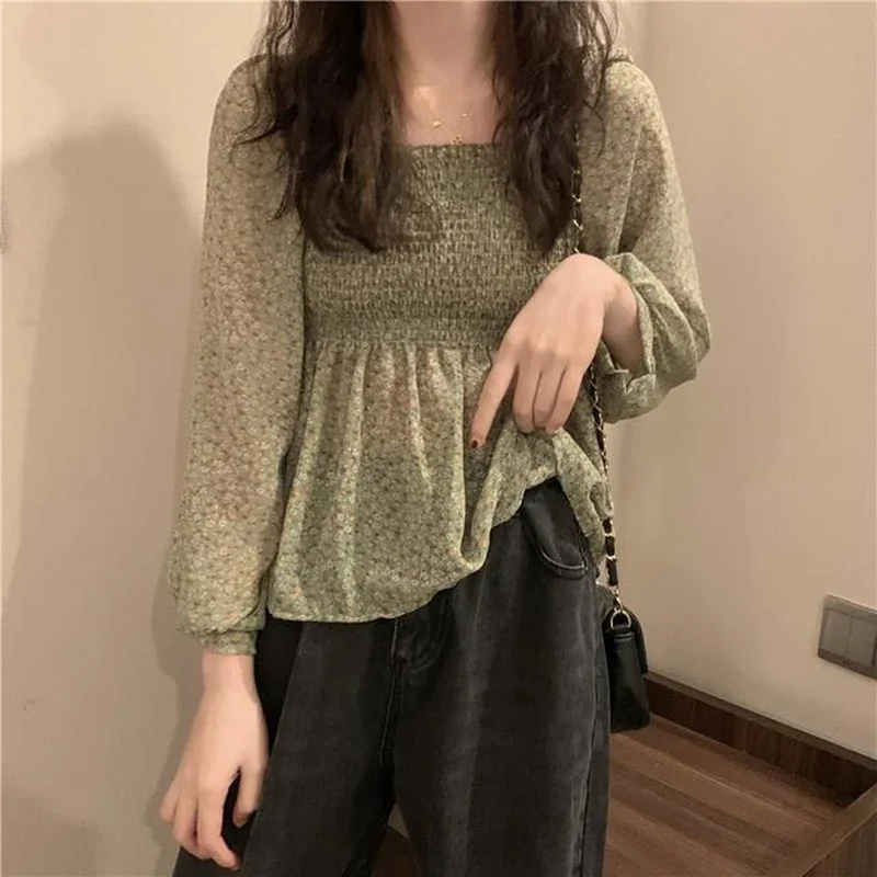 Blouse Women Sweet Korean Style Lovely Ladies Simple Lantern Sleeve Ruffles Popular Square Collar Thin Prairie Chic Holiday Tops