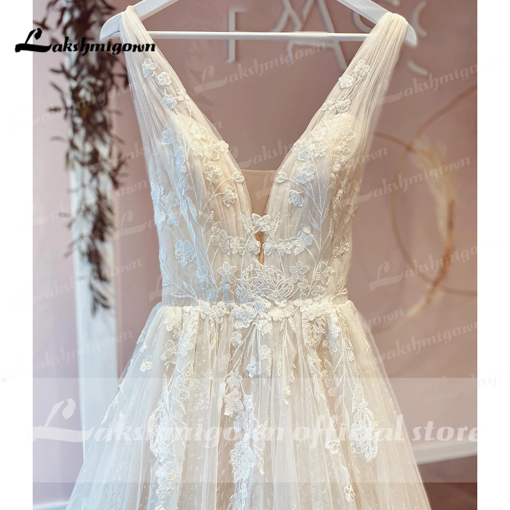 Lakshmigown champagne v pescoço rendas apliques vestido de casamento 2023 com tule brilhante vestidos jardim a linha vestidos de noiva sem costas