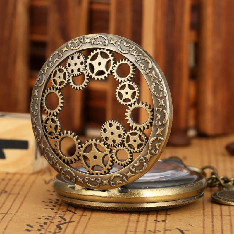 Vintage antika bakır Steampunk bronz Hollow dişli kuvars cep saati kolye kolye saat zincir erkek kadın aksesuar ile