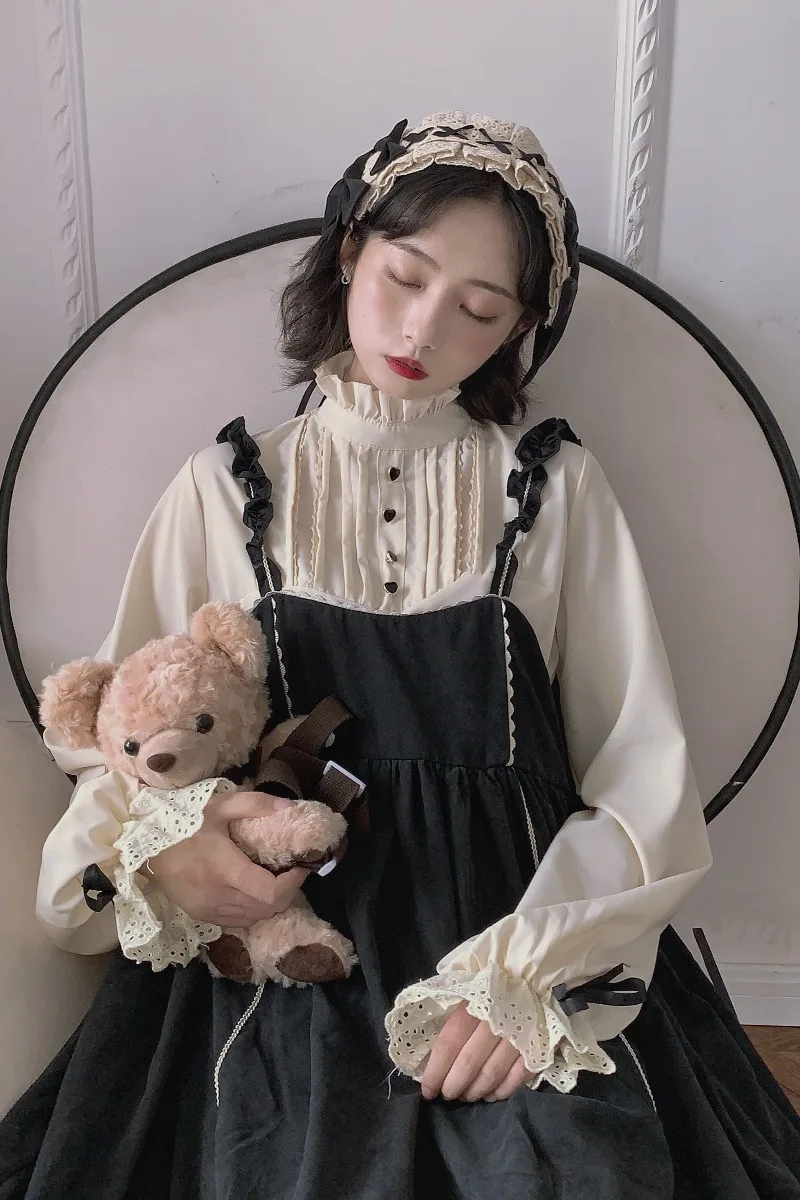 Robe Lolita rétro à manches longues pour femmes, chemise, haut, bretelles, corps complet, ensemble deux pièces, gothique, vêtements kawaii loli