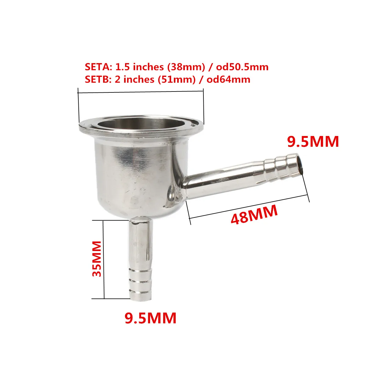 

1.5 ''(38mm) OD50.5 x 9.5mm / 2 '' (51mm) OD64 x 9.5mm a spina di pesce Tri-clamp reducer with air pipe