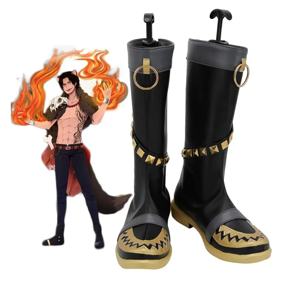 Halloween Ace Shoes Cosplay Anime One Piece Portgas D. Ace Cosplay Boots Black Shoes Custom Made Any Size for Unisex