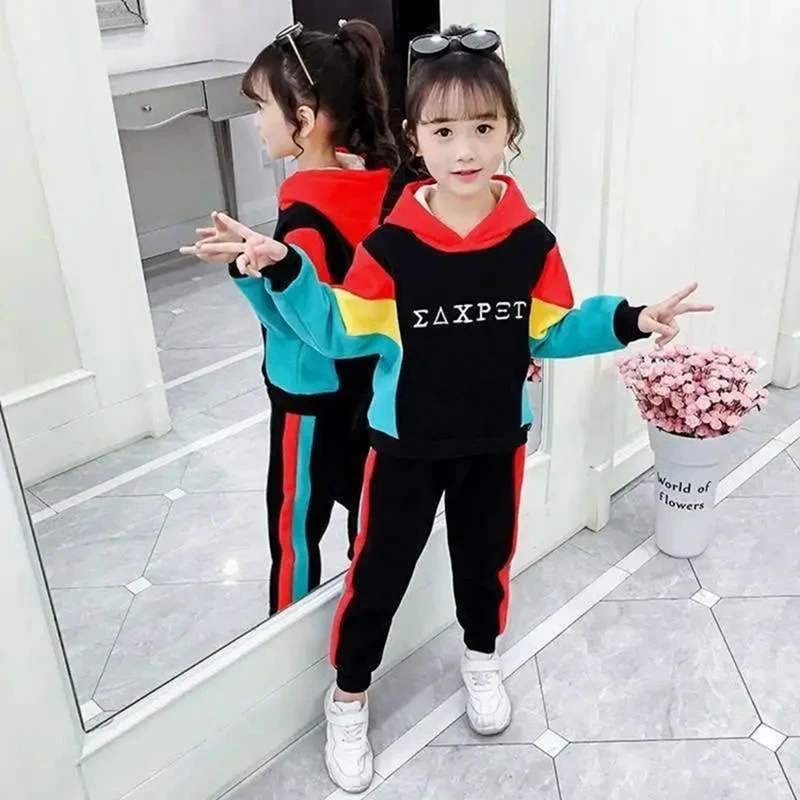 Girl Outfit Autumn Winter Toddler Girls Plus Velvet Hooded Sweatshirt +Pants Students Sport Set Tracksuit Boutique Girls Clothes