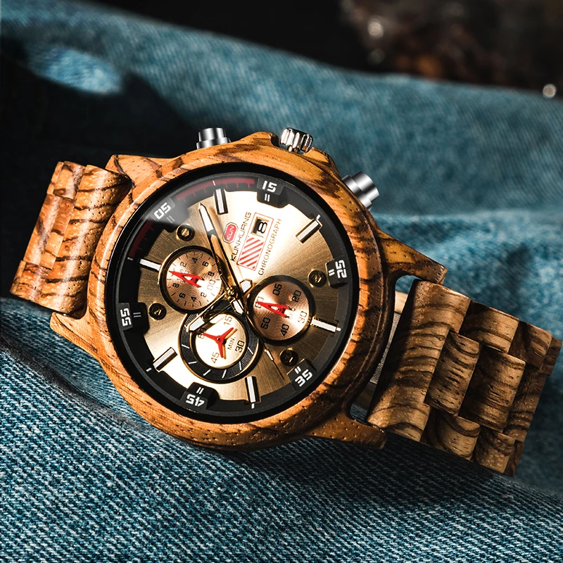 2026 Wooden Watch Men Multi-function Sports Wood Wristwatches Male Clock  Date Display Casual Men's Luxury Wood Chronograph