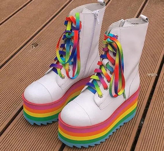 designer woman colorful wedge high ankle boots genuine leather thick rainbow Platform woman multicolor lace short booties