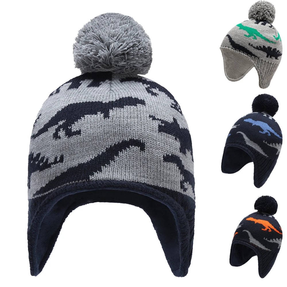 Earflap Hat Winter Boy Knit Beanie Warm Fleece Autumn Pompom Skiing Dinosaur Animal Cartoon Outdoor Accessory Toddler Baby