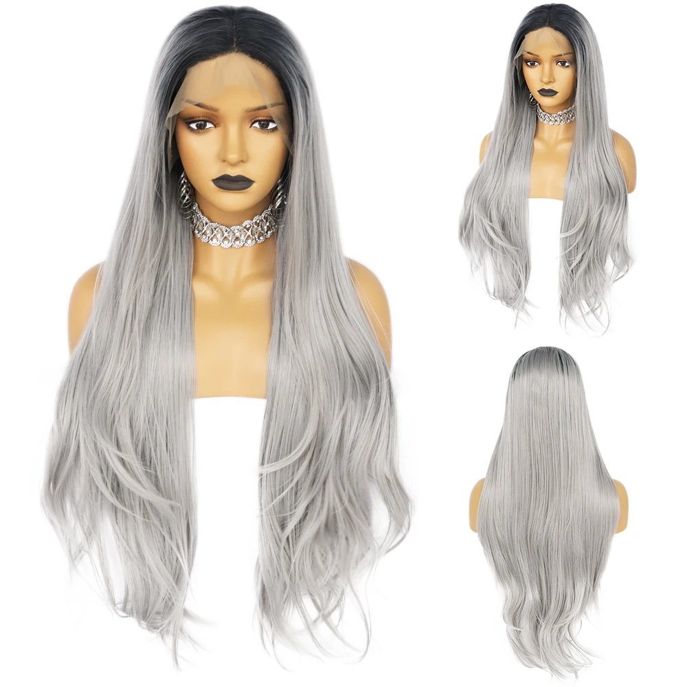 

JONETING T Type Lace Front Wigs Wavy Long Wig Ombre Gray Heat Resistant Synthetic Fiber Hair for Black Women Party