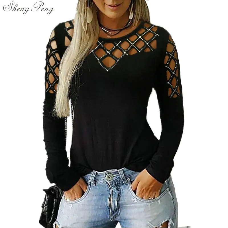 Modna bluzka z wycięciami Bling na co dzień seksowny kryształ górski z litego materiału kobiet bluza bluza bluza Blusa z długim rękawem 5x l V1755