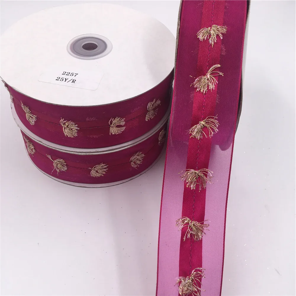 

25YARDS 38MM Wired Edge Rose Pink with scallion Organza Ribbon for Birthday Decoration Chirstmas Gift DIY Wrapping 1-1/2" N2257