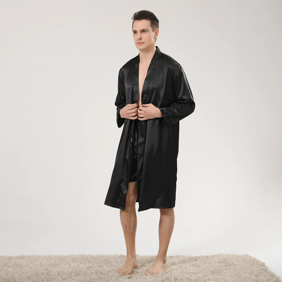 Masculino verão nova manga longa robe terno cetim de seda homewear masculino solto casual roupão e shorts sleepwear nighhtwear