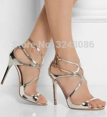 Gold Metallic Leather Strappy Lance Sandalen Vrouwen Partij Schoenen Vrouw Open Teen Cut-Outs Gesp Hoge Hakken Gladiator Sandalen vrouwen