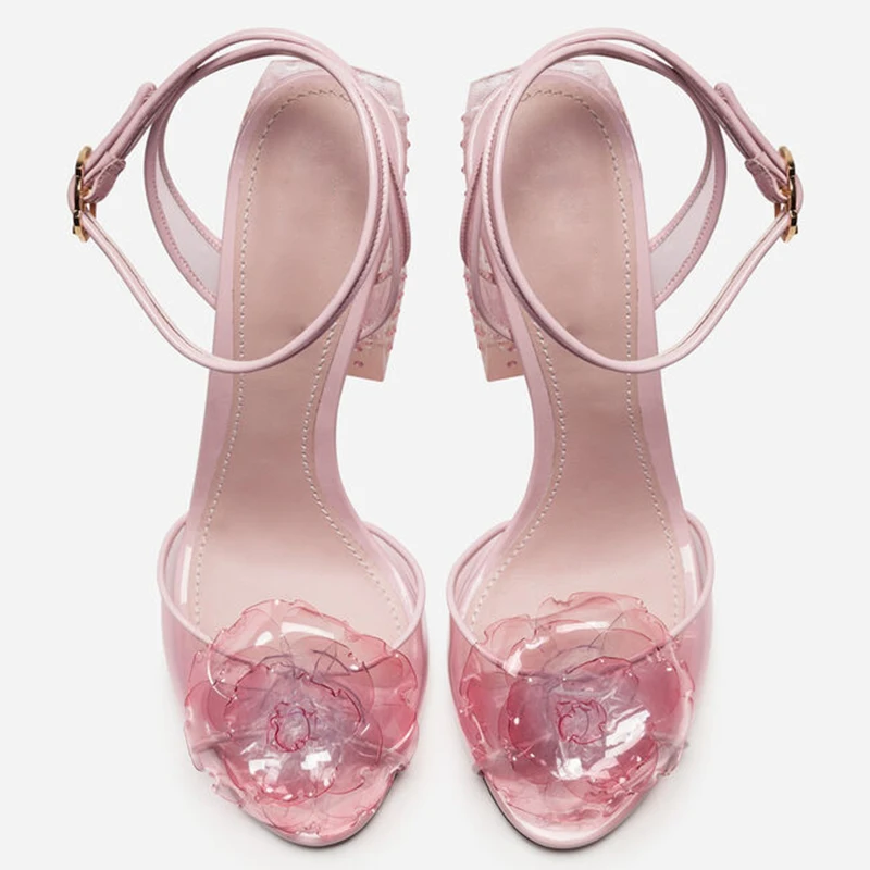 Pink Flower Clear PVC Sandals for Women Chunky High Heel Lady Bridal Wedding Shoes on Heels Transparent High Heels Plus Size