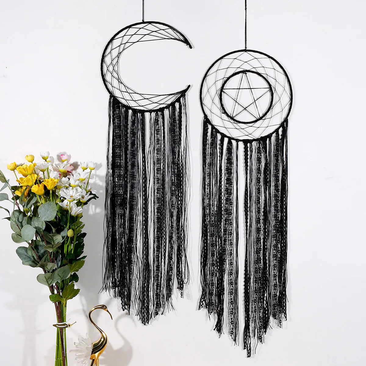 

Creative Black Dream Catcher Nordic Macrame Wall Hanging Decor Aesthetic Room Decoration Wind Chimes Halloween Party Gift