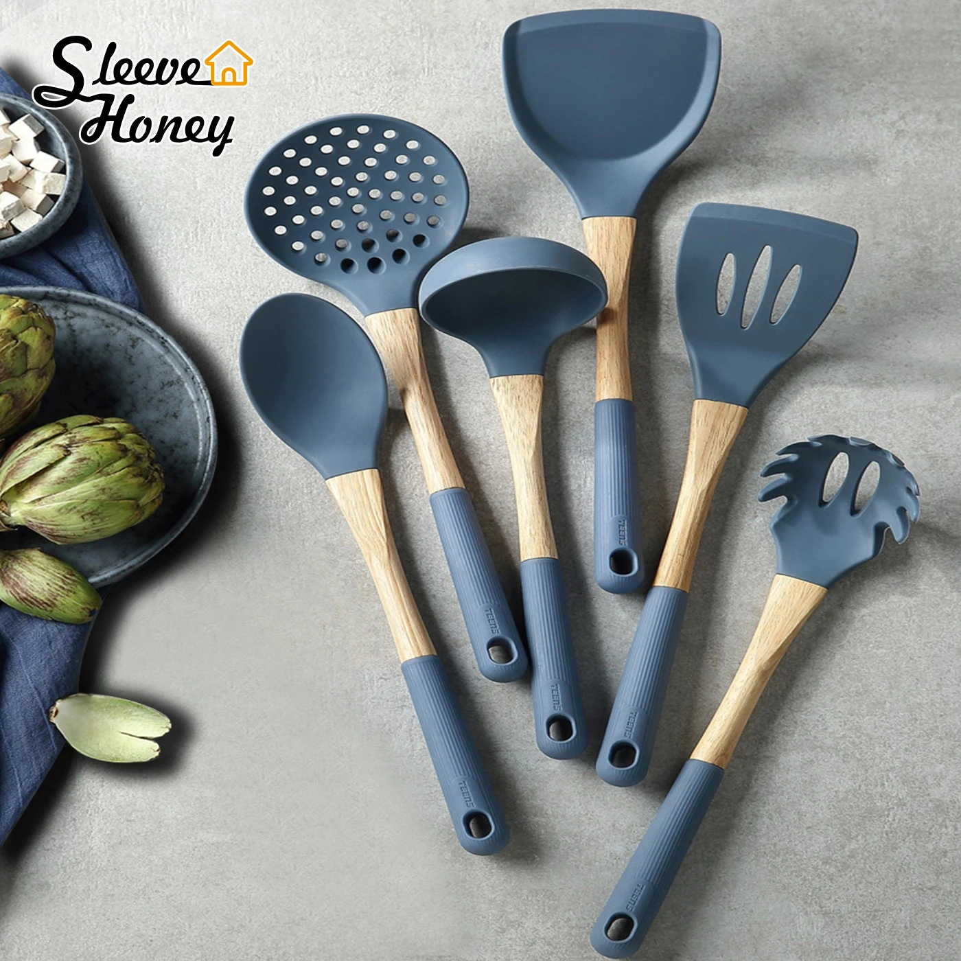 

Kitchen Cooking Utensils Set Silicone Wooden Handle Spatula Flex Turner Spoon Ladle Pasta Fork Non-stick Cookware Klein Blue