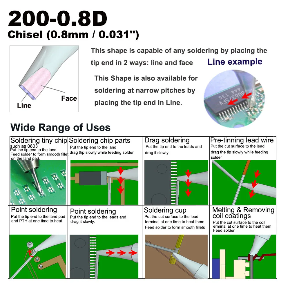 200-0.8D scalpello 0.8mm punta di saldatura di ricambio adatta rapida 203 203H 204 204H 203D 376(I) 376D(I) 3100 3101 3102 3112 3202 20H-90