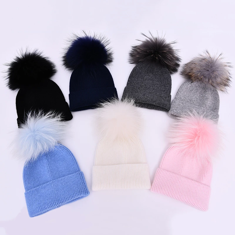 Children\'s Winter Toddler Baby Kids Cashmere Knitted Hat Beanie with 2 Double Real Fur Pom Poms Ears Hat for Boys and Girls