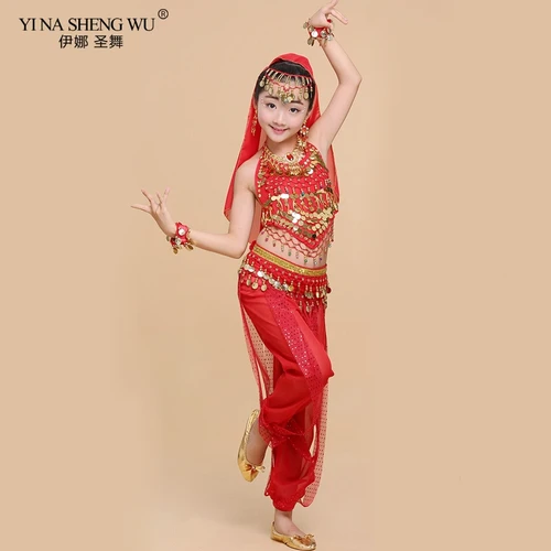 Conjunto de trajes de danza del vientre para niños, trajes de danza Oriental para niñas, ropa de danza del vientre india de Bollywood de Egipto, conjunto de danza India de 6 colores