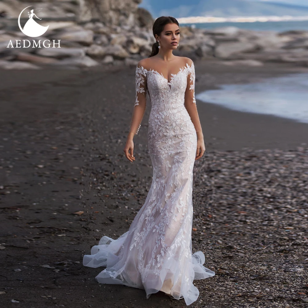 Aedmgh gaine sirène robes De mariée col en v à manches longues balayage Train Vestido De Novia magnifiques Appliques sur mesure robe De mariée