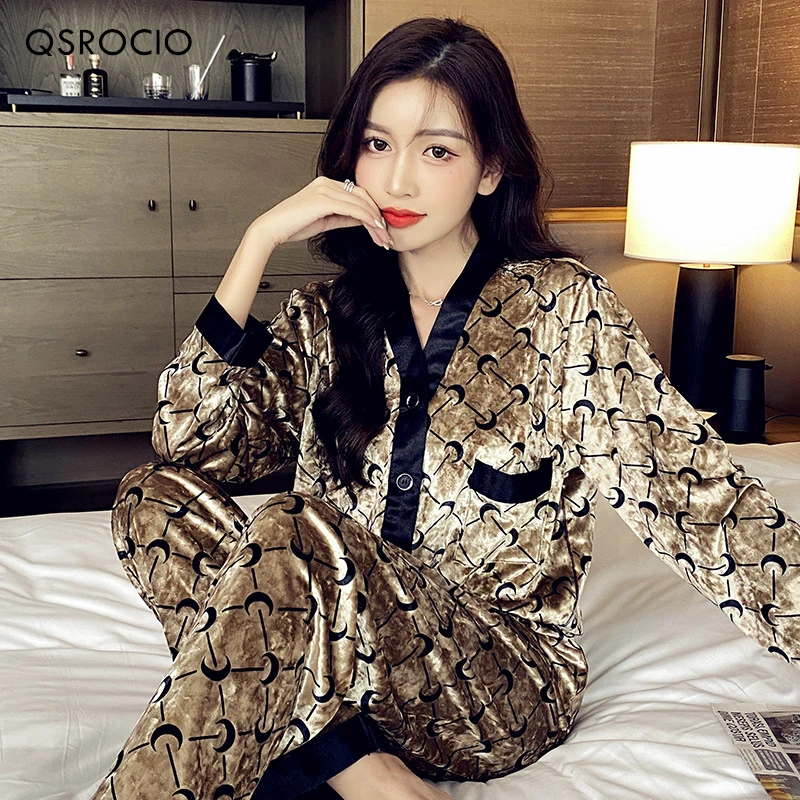 QSROCIO High Quality Women\'s Pajamas Set Velvet Sleepwear Moon Print Casual Homewear Men Nightwear Luxury Couple Pyjamas Femme