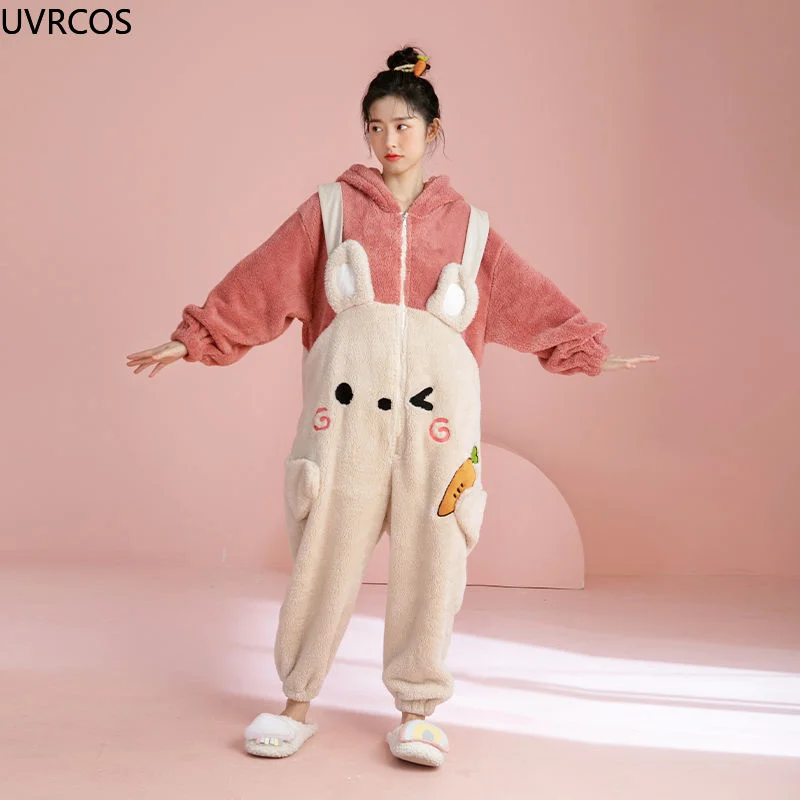 Cute Conjoined Pajamas For Women Warm Coral Fleece Cartoon Bear Ears Hooded Sleepwear Girly Kawaii Home Clothes Full Body Pajama