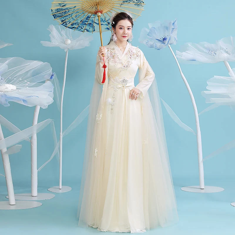 Trung Quốc Truyền Thống Hanfu Trang Phục Phong Cách Trung Hoa Thêu Cổ Tích Đầm Thanh Lịch Cải Tiến Hanfu Đầm Trình Diễn Trang Phục SL4147