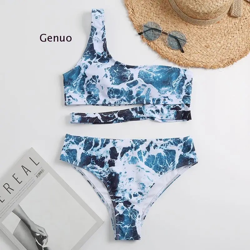 High Waist Bikini 2021 Women Green Tie Dye Print Two Piece Swimsuit Hollow Out One Shoulder Bathing Suit Two Piece Swimwear