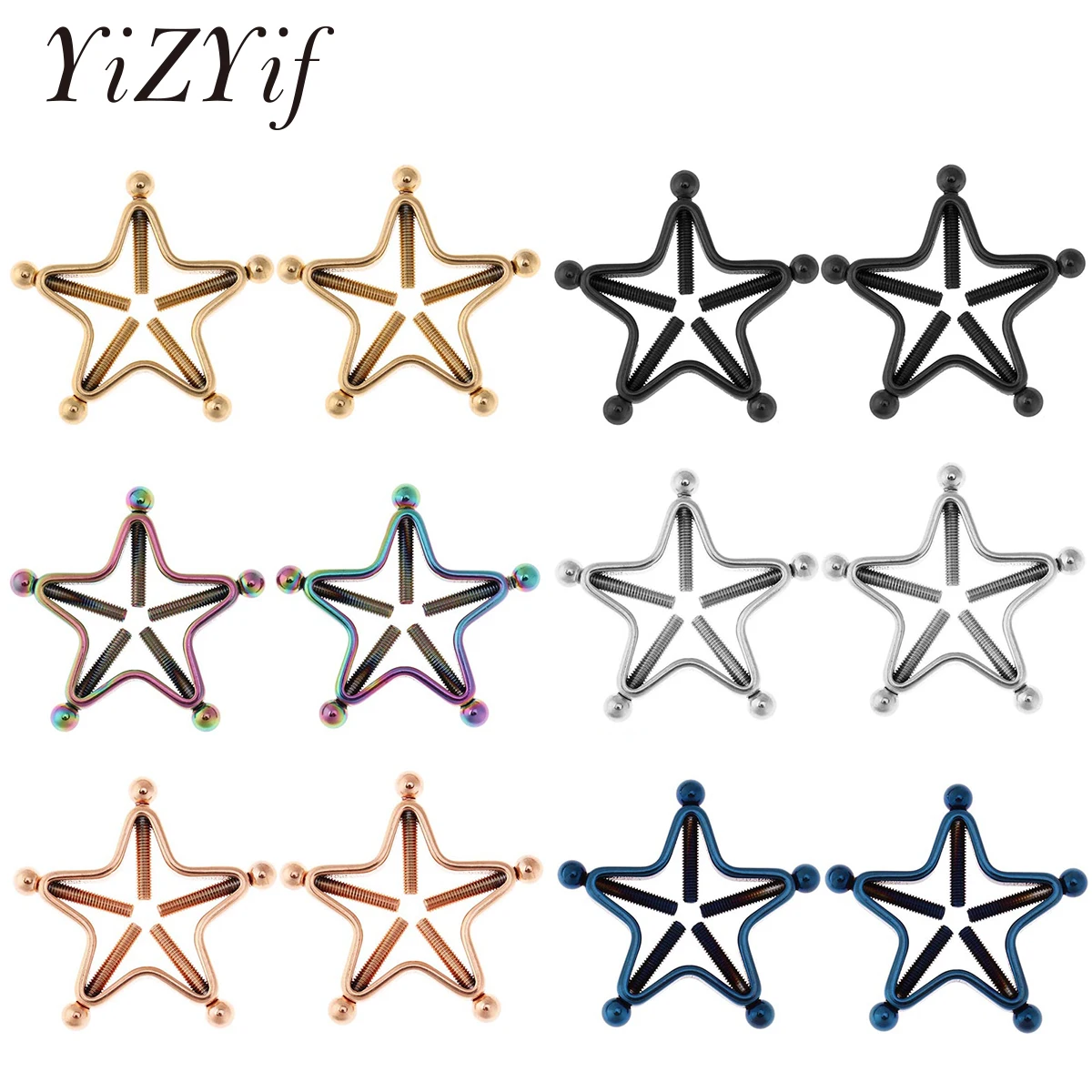 1 Pairs Fashion Surgical Stainless Steel Women Breast Adjustable Screw Geometric Stars  Fake Nipple Ring Body Piercing Jewelry