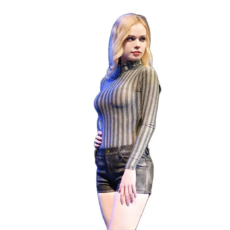 

Женское сексуальное боди в полоску 3D Galaxy, блестящее боди с высокой горловиной, облегающее боди с длинными рукавами, женский костюм