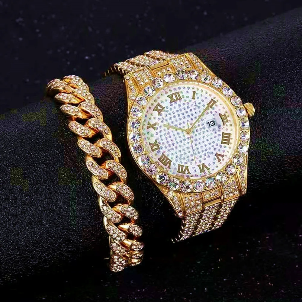 

Iced Out Chain Bracelet Watches for Men Women Full Iced Out Watch Wrist Watch Hip Hop Jewelry Mens Watch Set Reloj Dropshipping