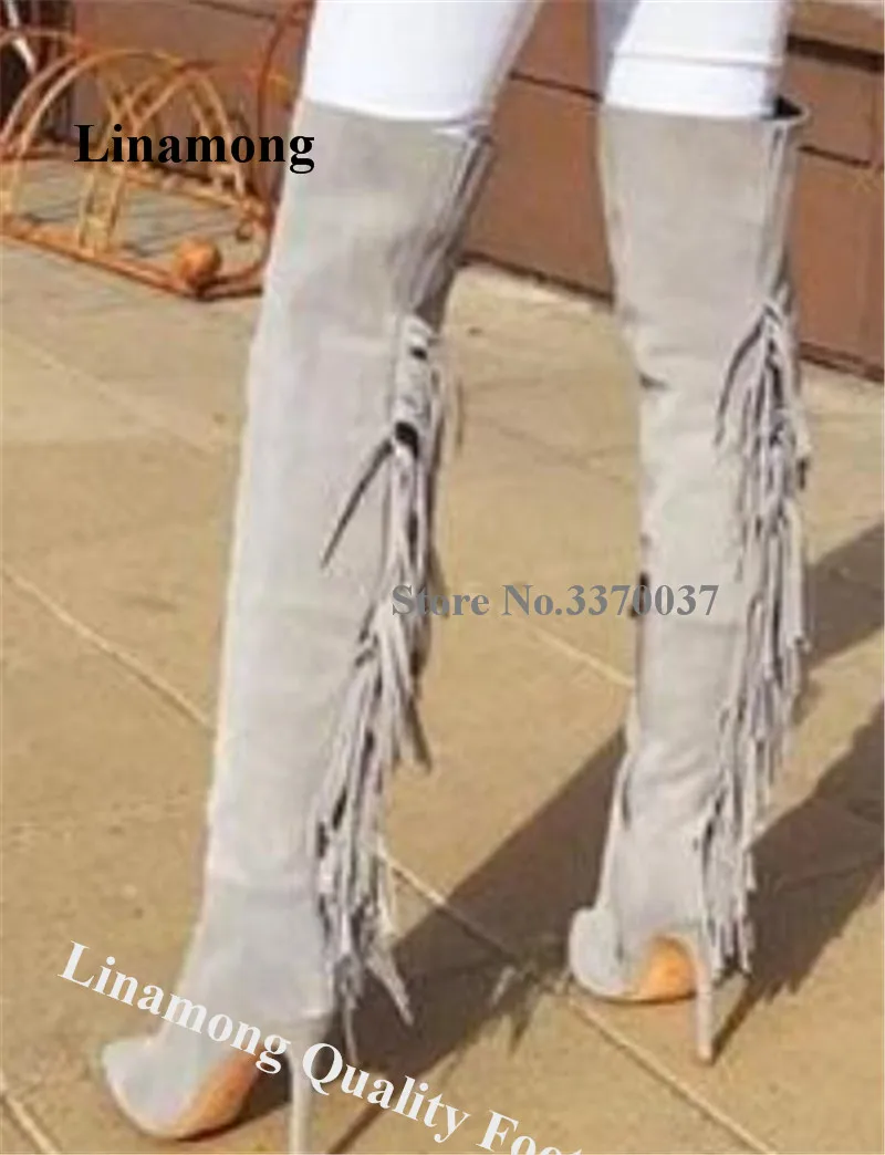 Linamong Women Elegant Pointed Toe Suede Leather Over Knee Tassels Boots Beige Grey Slim Long Stiletto Heel Fringes Boots