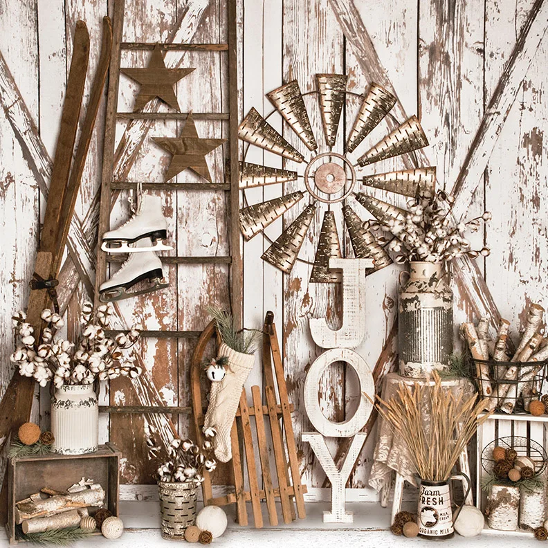 Festive Farmhouse Rustic Old Wood Ladder Room backgrounds High quality Computer print wall photo backdrop