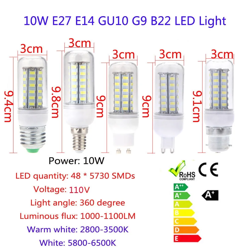 2pcs E14 B22 10W 5730 SMD 48 LEDs Corn Light Lamp Bulb Energy Saving 360 Degree 110V Drop shipping