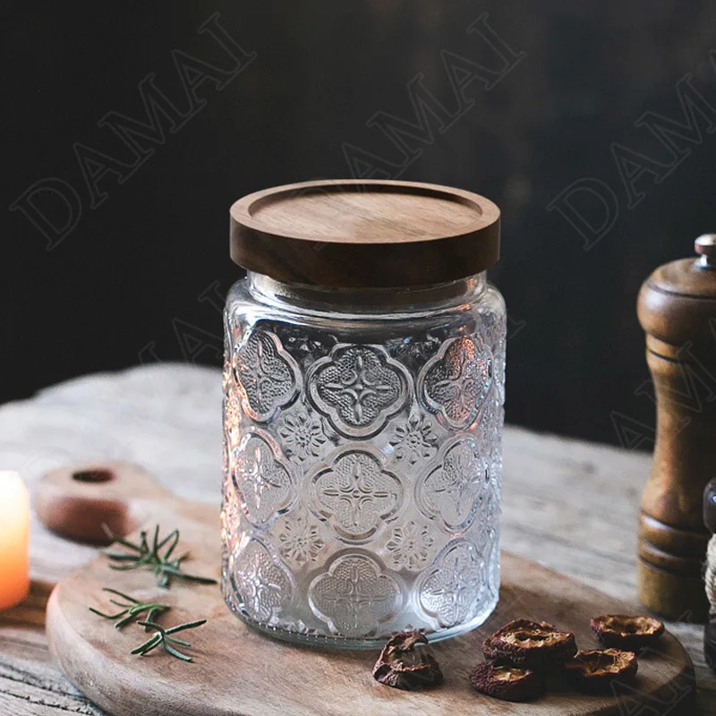 Relief Glass Storage Jar Carved Flower with Wooden Lid Sugar Crystal  Jars Seal Tea Caddy Grain Dispenser Kitchen Supplies