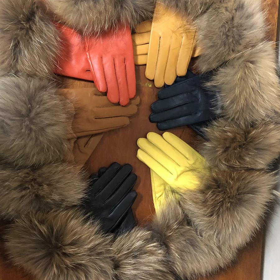 Real Raccoon Fur Gloves Women's Genuine Leather Gloves Fox Fur Big Raccoon Fur Sheepskin  Gloves Female Winter Velvet Warm Touch