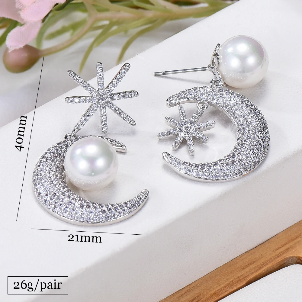 SORAMOORE Luxury Cute Moon Star Pearls Shiny Earrings for Women Fine Jewelry Full CZ Bridal Wedding Earrings Jewelry GIFT 2022