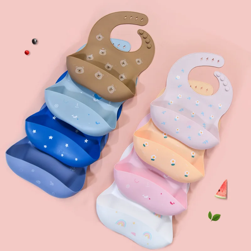 Baby Silicone Bibs Infant Toddler Feeding Saliva Towel Cartoon Adjustable Children Apron with Pocket Baby Waterproof Things