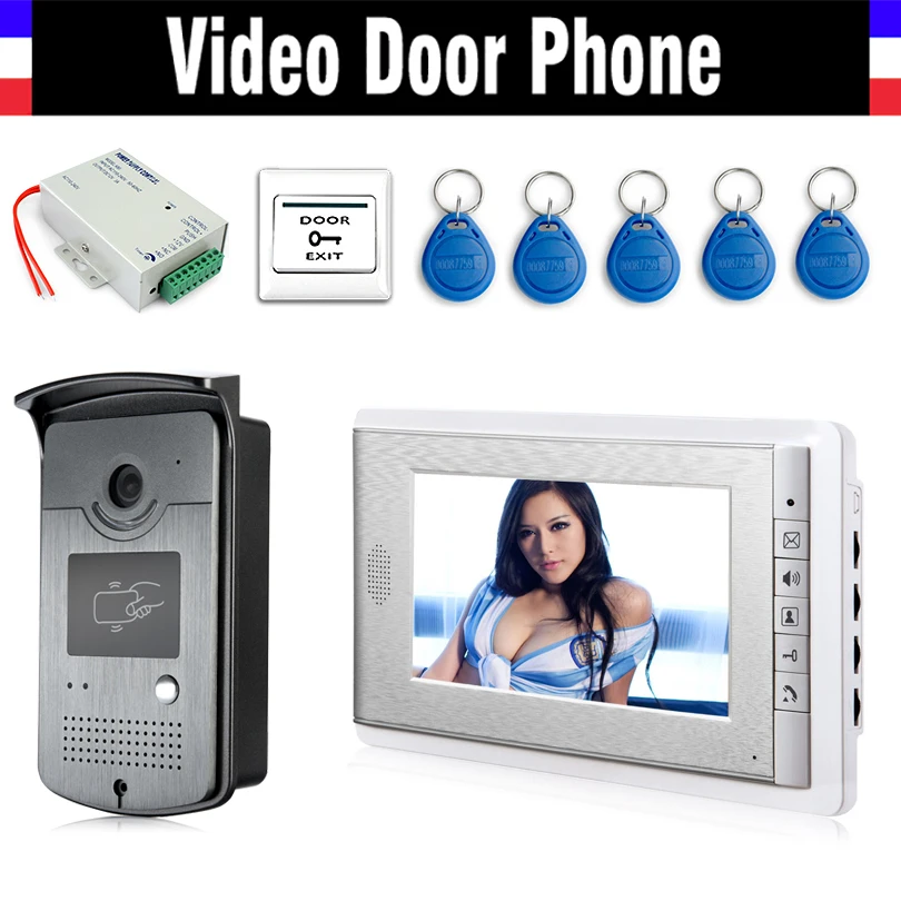 7 Inch Screen Video Door Phone Doorbell Intercom System kits +5 PCS RFID Key + IR Camera + 12V DC Power Supply+ Door Exit Botton