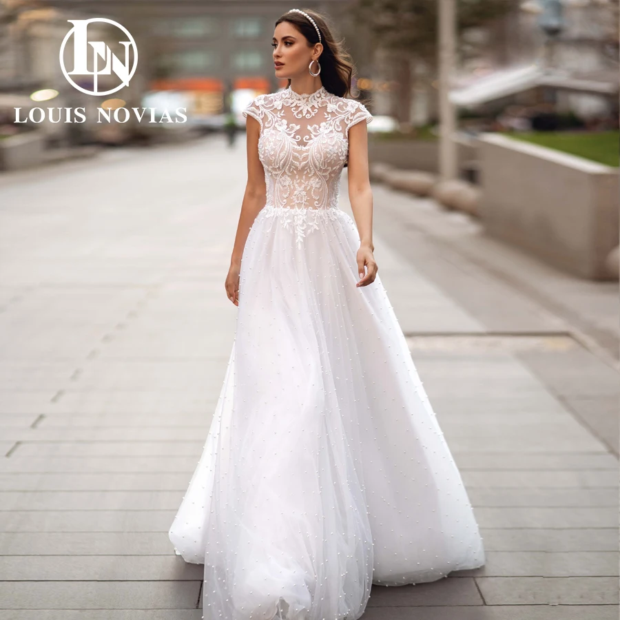 LOUIS NOVIAS A-Line Wedding Dress 2022 Classic High-Collar Bridal Gown Cap Sleeve Beaded Embroidery Pearl Vestidos De Novia