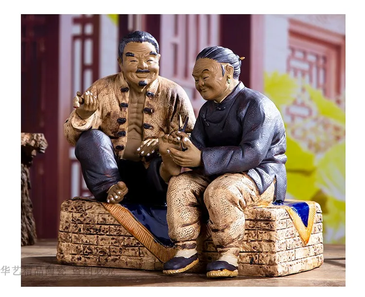 RARE Old man couple statue decoration Foshan Shiwan ceramic figure contented Changle