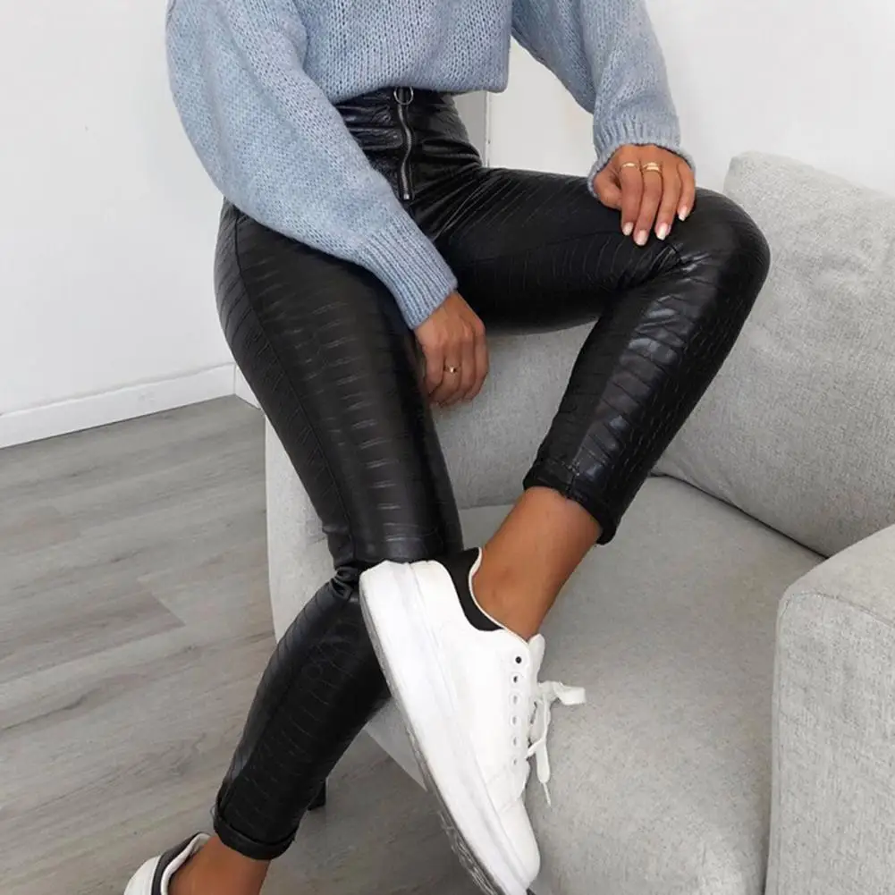 Elegant High Waist Faux Leather Pants Women Pencil Skinny Pants Office Ladies Trousers Casual Slim Black Capris