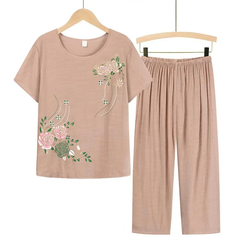 Summer Pant Two Pieces Set Women Short Sleeve Elegant Floral Print  Suits T-shirt Loose Pants Sets Outfit Middle-aged