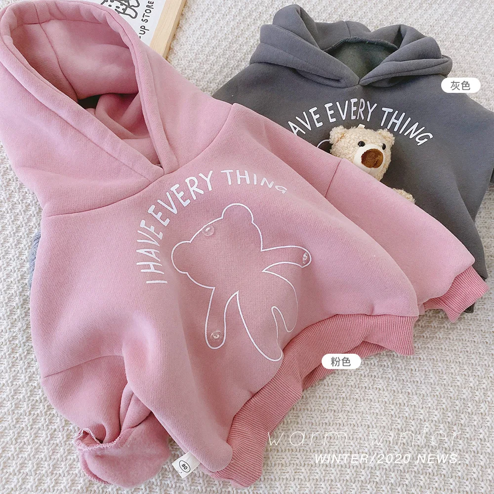 2-7 Years Autumn Winter Girls Boys Cute Cartoon Bear Sweatshirts Baby Kids Children Warm Fleece Hoodies Two Colors