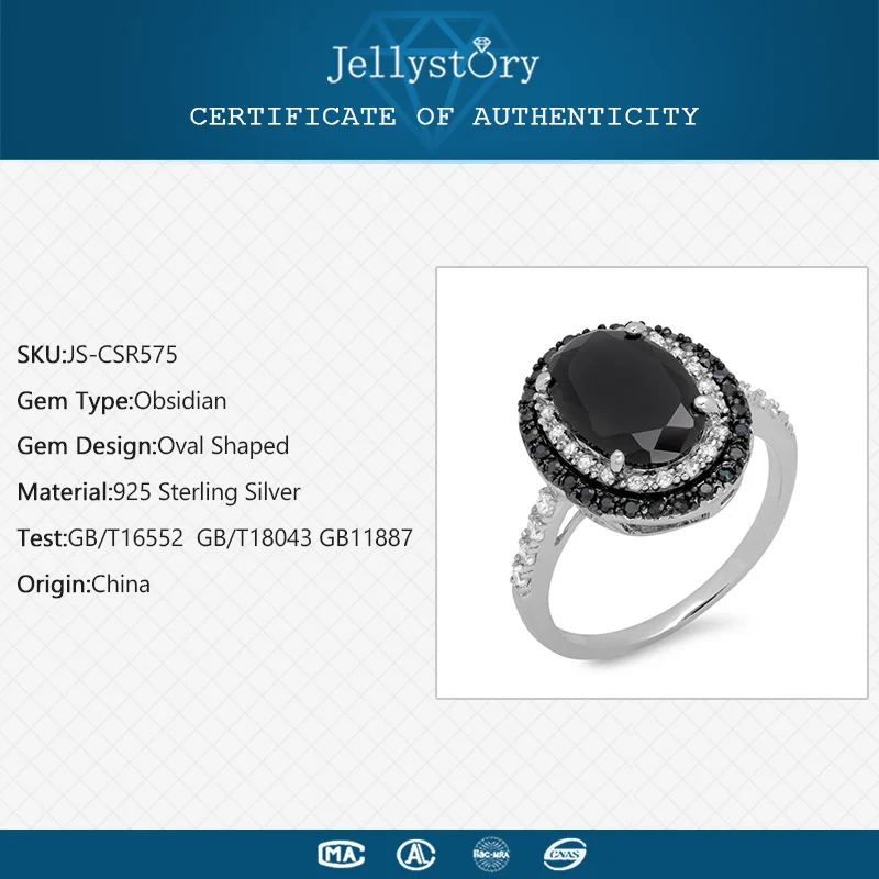 Jellystory Classic 925 Silver Jewelry Rings with Oval Shaped Obsidian Gemstone Fine Ring for Women Wedding Party Gifts wholesale